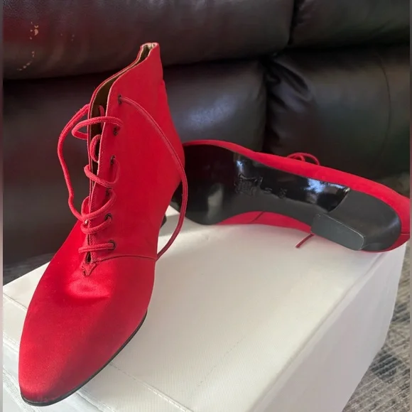 Vintage Yves Saint Laurent Red Satin Lace-Up Ankle BootsItalyBlock Heel